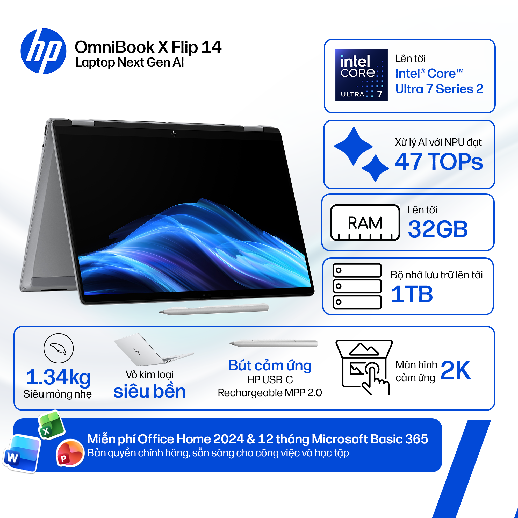Laptop HP OmniBook X Flip 14-fm0086TU BZ7Q0PA (Ultra 5 226V/16GB RAM/1TB SSD/14 2K Cảm ứng/Win11&OfficeHS24+365/Xanh)