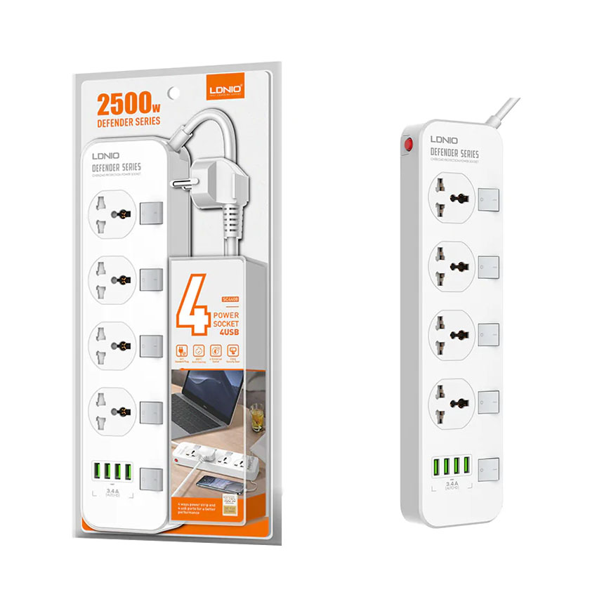Ổ cắm điện đa năng LDNIO SC4408 – 04 chấu + 04 cổng USB-A – Chuẩn chân cắm EU – Màu trắng