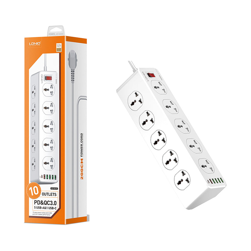 Ổ cắm điện đa năng LDNIO SC10610 – 10 chấu + 05 cổng USB-A + 01 cổng Type-C – Chuẩn chân cắm EU – Màu trắng