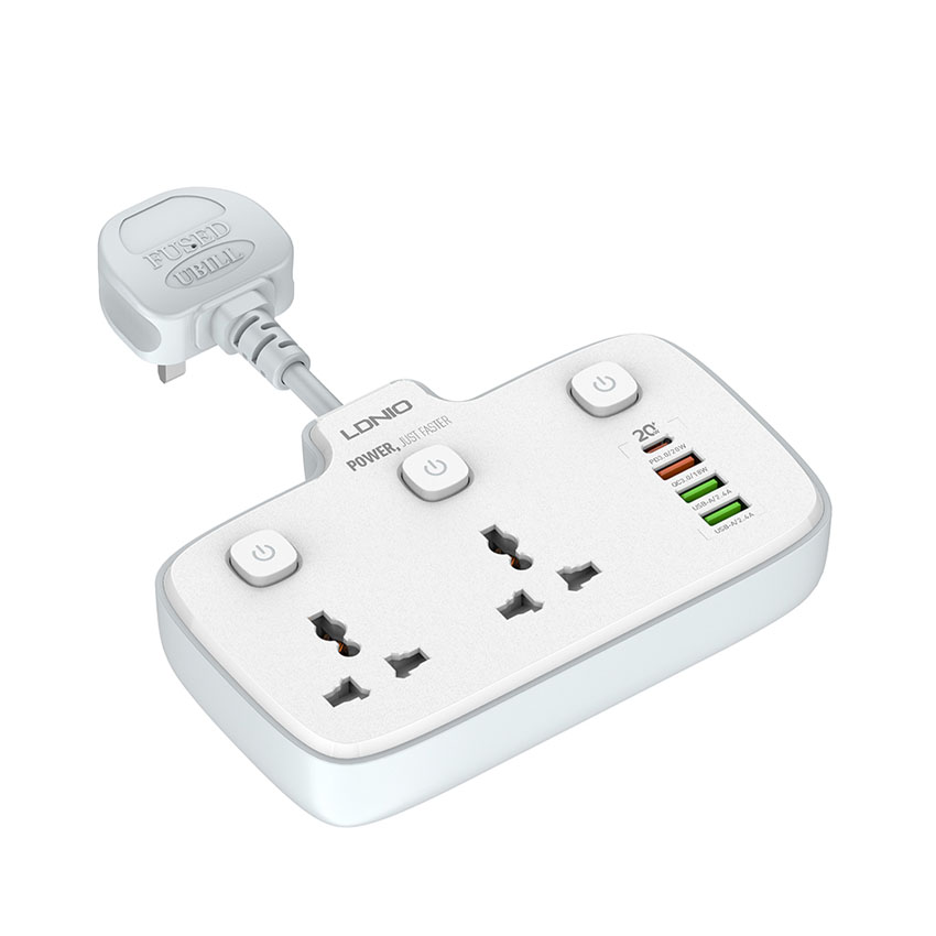 Ổ cắm điện mở rộng LDNIO SC2413 – 02 chấu + 03 cổng USB-A + 01 cổng Type-C – Chuẩn chân cắm EU – Màu trắng