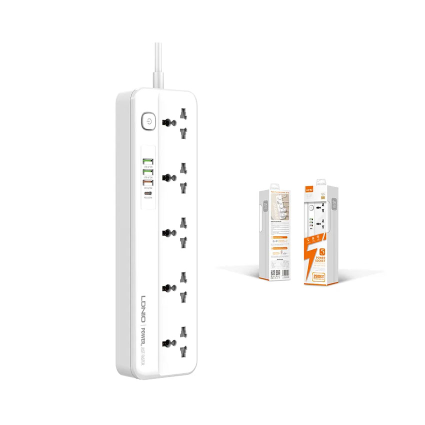 Ổ cắm điện đa năng LDNIO SC5415 – 05 chấu + 03 cổng USB + 01 cổng Type-C – Chuẩn chân cắm EU