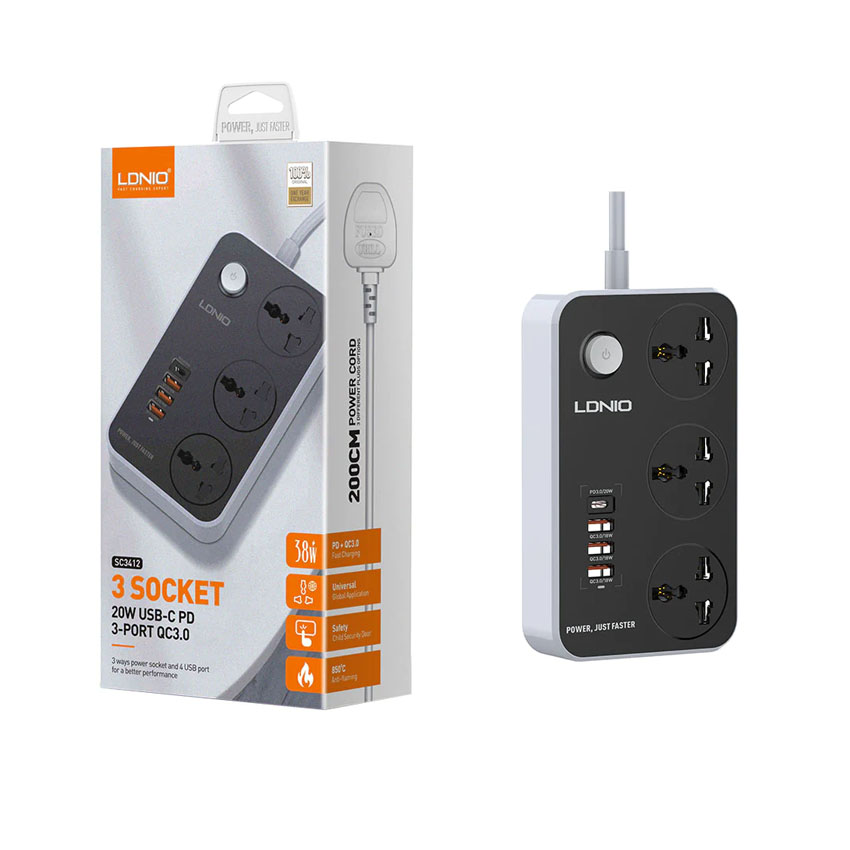 Ổ cắm điện đa năng LDNIO SC3412 – 03 chấu + 03 cổng USB + 01 cổng Type-C – Chuẩn chân cắm EU