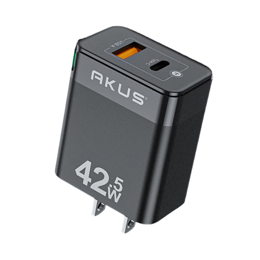 Củ sạc nhanh AKUS SN66 - PD 20W - 01 cổng USB Type A + 01 cổng Type C - Màu đen