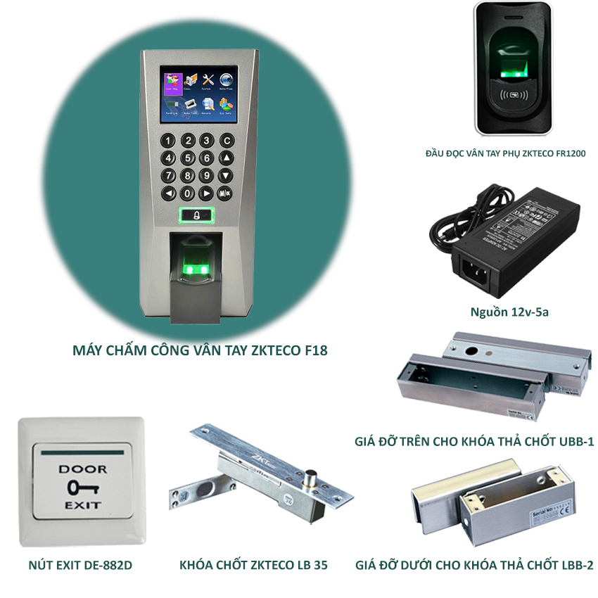 Bộ Kiểm soát ra vào bằng vân tay cho cửa kính ZKTECO F18 - Chấm công chiều ra