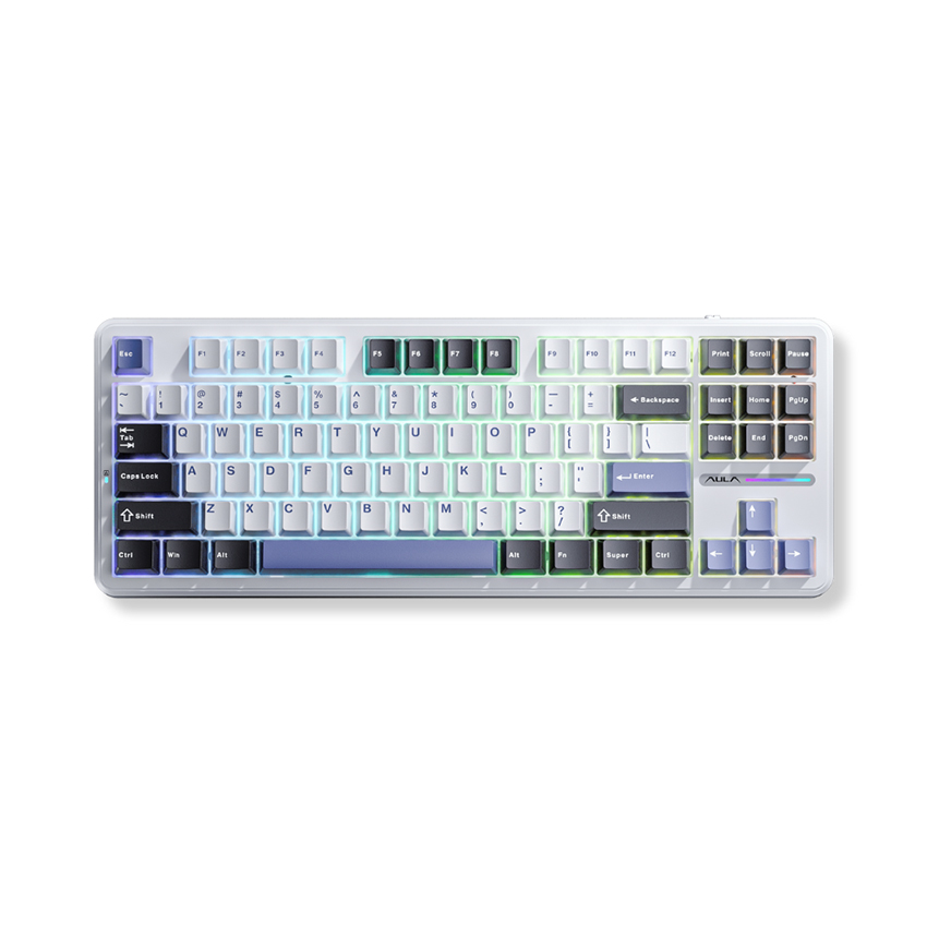 Bàn phím cơ AULA F87 3 mode Đen Trắng Xanh dương (TypeC + 2.4G + Bluetooth, Grey wood V3 switch, led RGB)