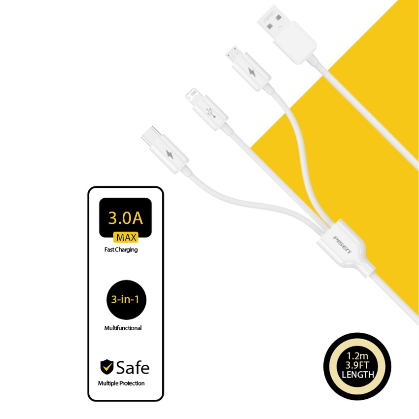 Cáp PISEN – Mr White 3-in-1 (Lightning/ Type-C/ Micro ) 1.2m – Global
