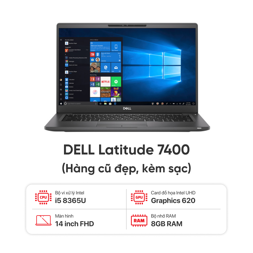 Laptop DELL Latitude 7400 / I5 8365U / 8GB RAM / 256GB SSD / Màn 14 inch FHD / Kèm sạc – Hàng cũ đẹp