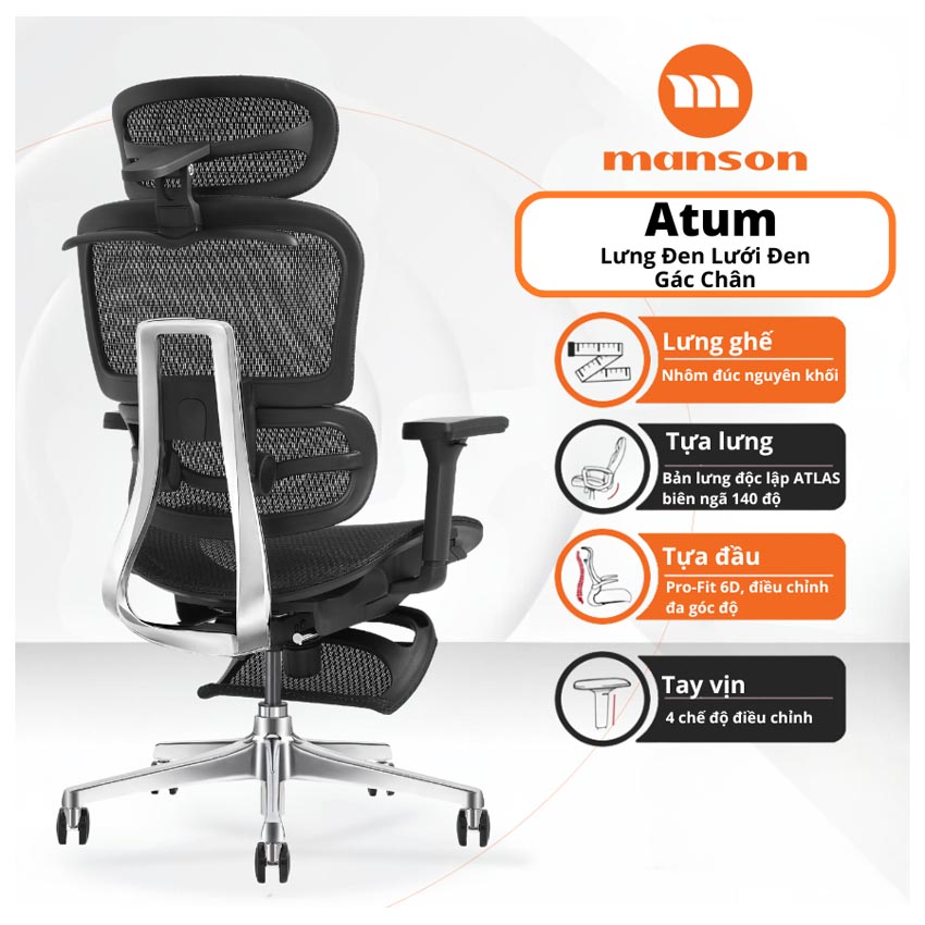Ghế Công Thái Học Manson Atum – Đen – Kê chân