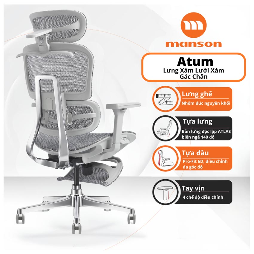 Ghế Công Thái Học Manson Atum – Xám – Kê chân
