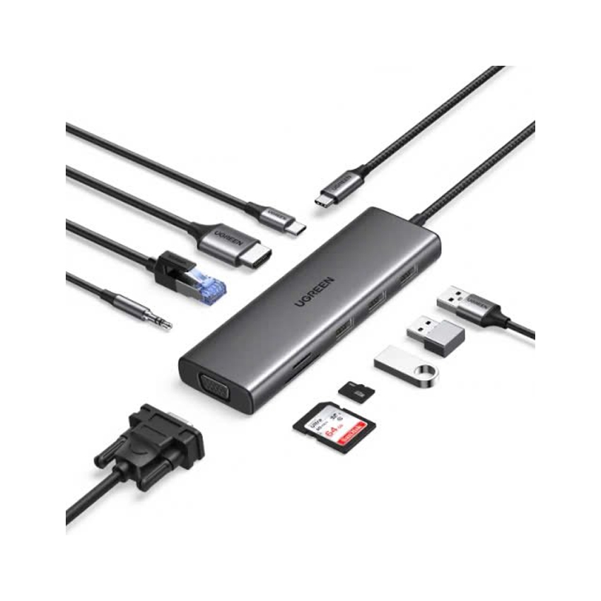 Bộ chuyển đổi USB-C sang 3*USB 3.0+HDMI+VGA+RJ45+SD/TF+3.5mm+PD Ugreen 15601