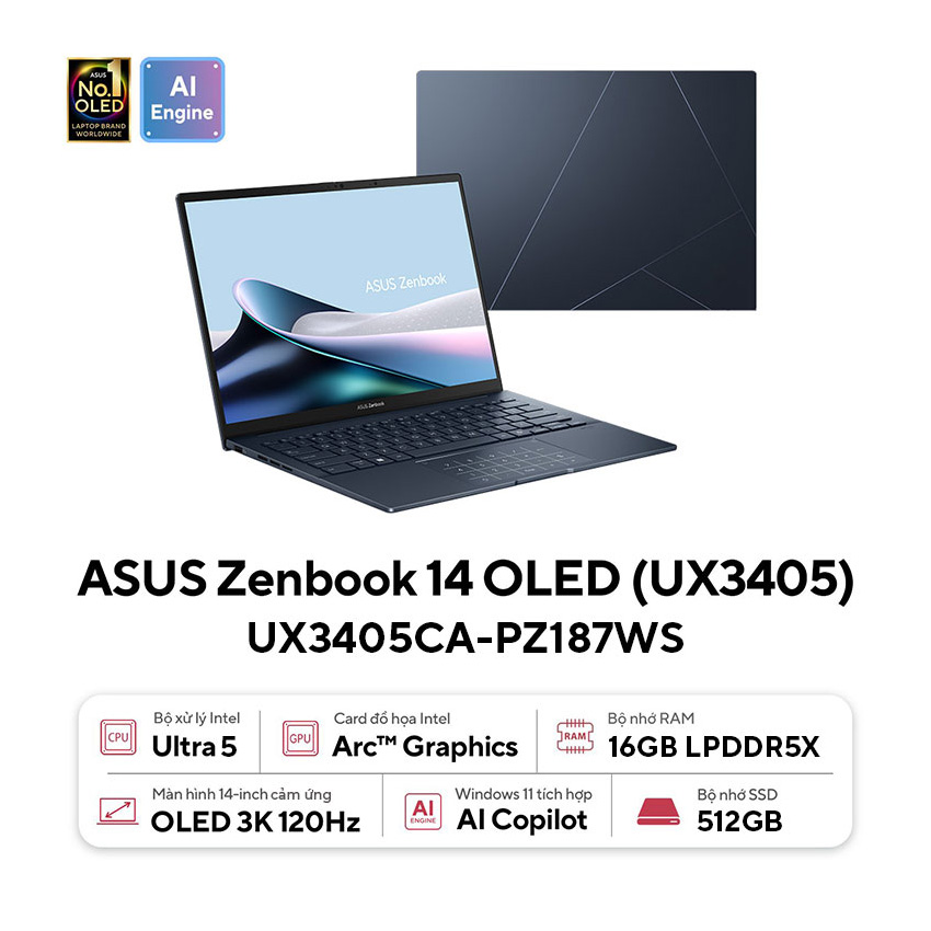Laptop Asus ZenBook 14 UX3405CA-PZ187WS (Ultra 5 225H/16GB RAM/512GB SSD/14 3K Oled Cảm ứng/Win11/Túi/Bút/Xanh)