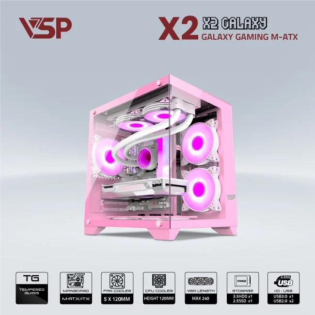 Vỏ Case VSP AQUANAUT X2 GALAXY – HỒNG (M-ATX/Hồng)