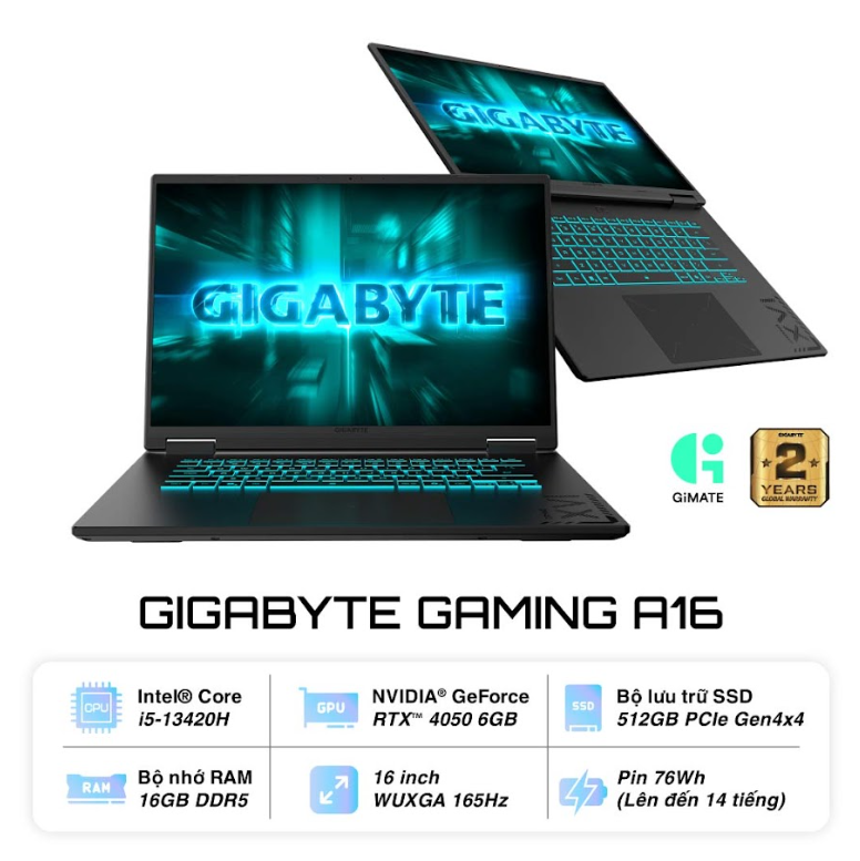 Laptop Gigabyte A16 (CMH-H2VN893SH) (i5 13420H/16GB RAM512GB SSD/RTX4050 6G/16.0 FHD+ 165Hz/Win 11/Đen)