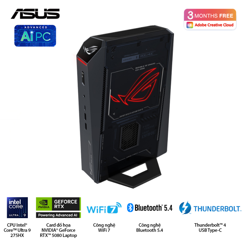 Bộ Mini PC Asus NUC ROG RNUC15JNK9X289A0 (Ultra 9 275HX/RTX5080/16GB x2 DDR5-6400/1TB M.2 2280 NVMe SSD/Wi-Fi 7/Win11)