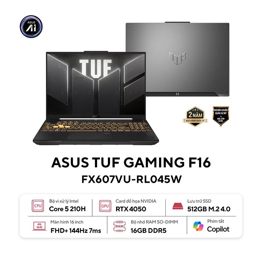 Laptop Asus Gaming TUF FX607VU-RL045W(Core 5 210H/16GB RAM/512GB SSD/16 FHD 144hz/RTX 4050 6GB/Win11/Xám)