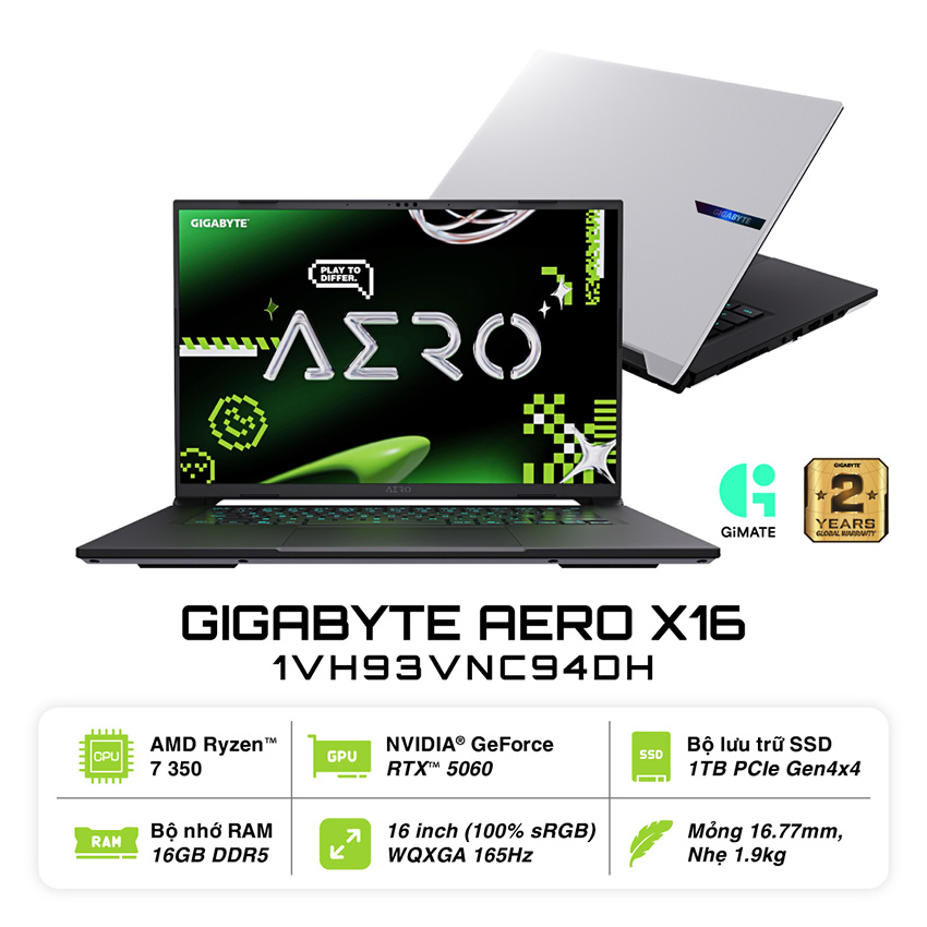 Laptop Gigabyte AERO X16 (X16-1VH93VNC94DH) (RTX5060 8G/Ryzen AI 7 350/16GB RAM/1TB SSD/16.0 WQXGA 165Hz/Win 11/Trắng)