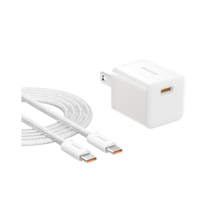 Bộ sạc nhanh hiệu Baseus GaN5 (mini) 1C 25W US – Màu trắng (With Cable Type-C to Type-C 100W 1m Moon White)