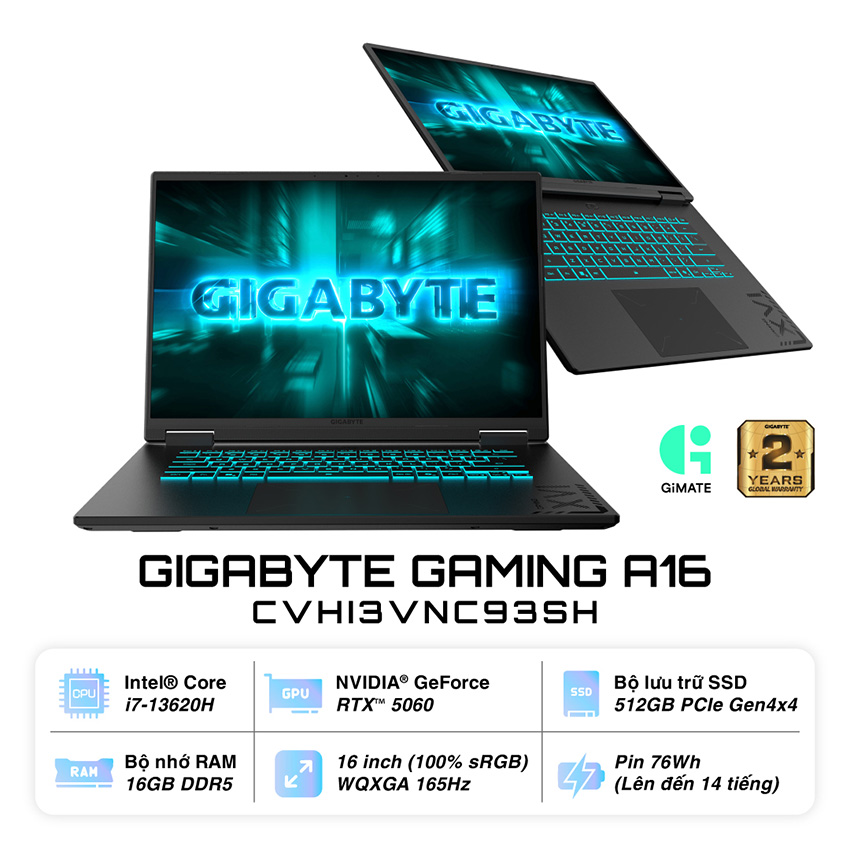Laptop Gigabyte Gaming A16 (A16-CVHI3VNC93SH) (i7 13620H/16GB RAM (1*16GB)/512GB SSD/RTX 5060 8G/WF6E/16.0 inch WQXGA 165Hz/Win 11/Đen)