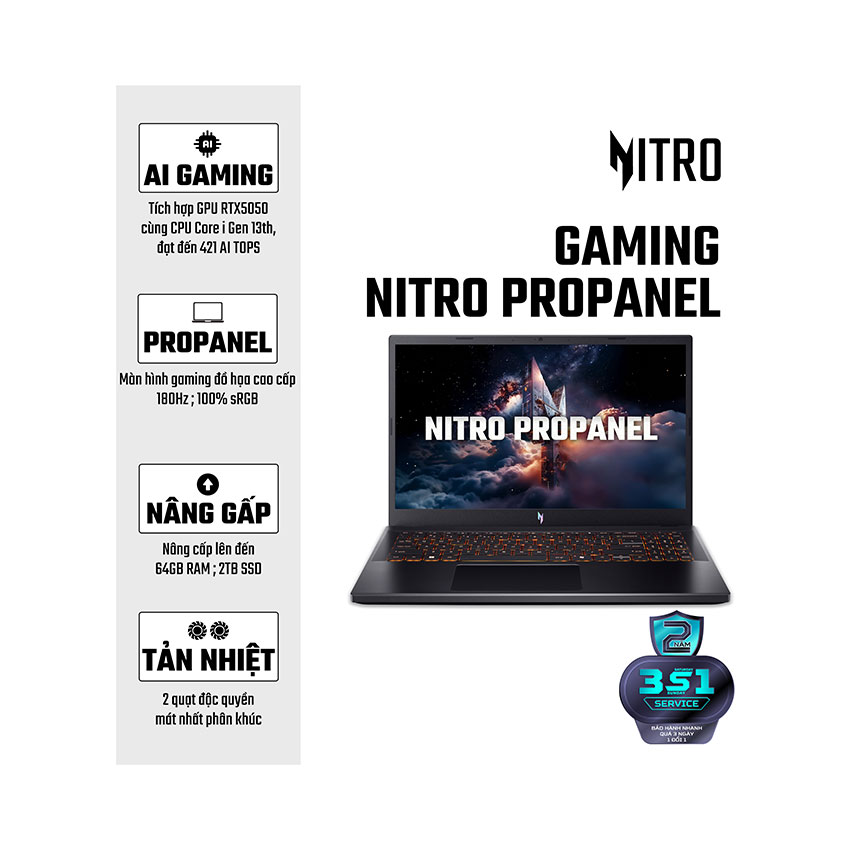 Laptop Acer Gaming Nitro ProPanel ANV15-52-59AA (NH.QZ9SV.002) (i5-13420H/1*16GB/512GB SSD/GeForce RTX 5050 8GB/15.6 inch FHD 180Hz/Win 11/Đen)