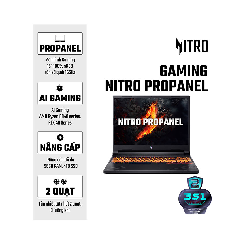 Laptop Acer Gaming Nitro ProPanel ANV16-41-R36Y (NH.QP1SV.004) (Geforce RTX4050 6GB/R7-8845HS/16GB RAM/512GB SSD/16 inch WUXGA/Win11/Đen)
