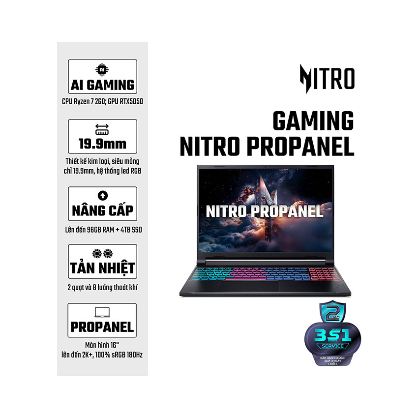 Laptop Acer Gaming Nitro ProPanel AI ANV16S-41-R337 (NH.QZZSV.002) (R7 260/16GB RAM DDR5/1TB SSD/GeForce RTX 5050 8GB/16 inch FHD+ 180Hz/Win 11/Đen)