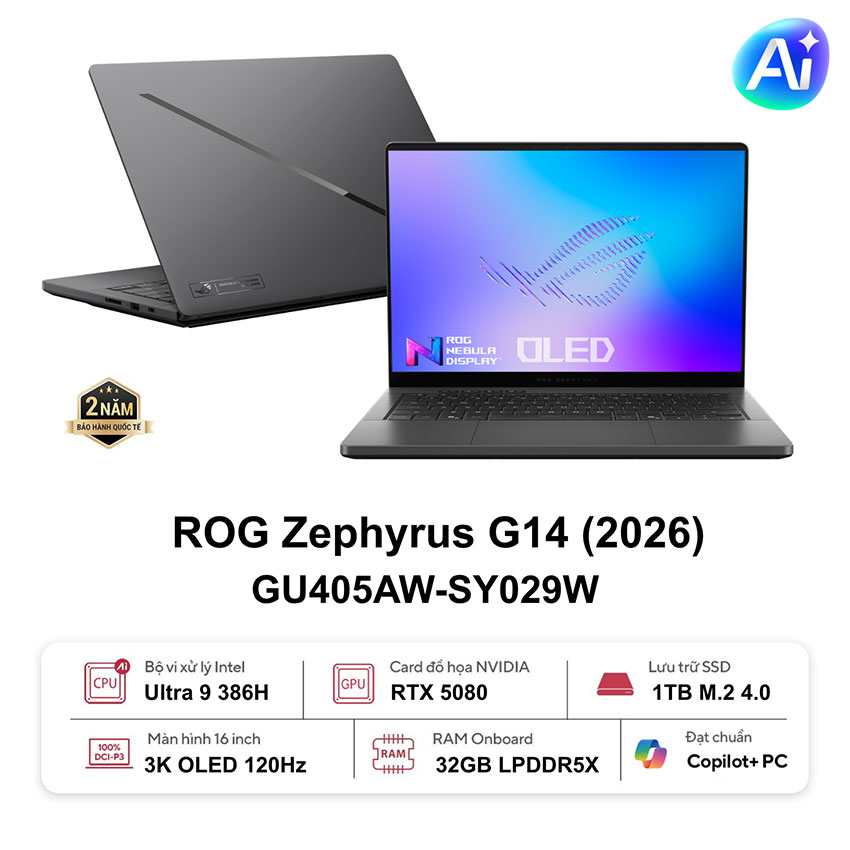 Laptop Asus Gaming ROG Zephyrus GU405AW-SY029W (U9-386H/32GB D5/1TB SSD/14.0 3K OLED 120Hz/RTX5080_16GD7/WF7/BT6.0/W11SL/RGB/Túi/Xám)