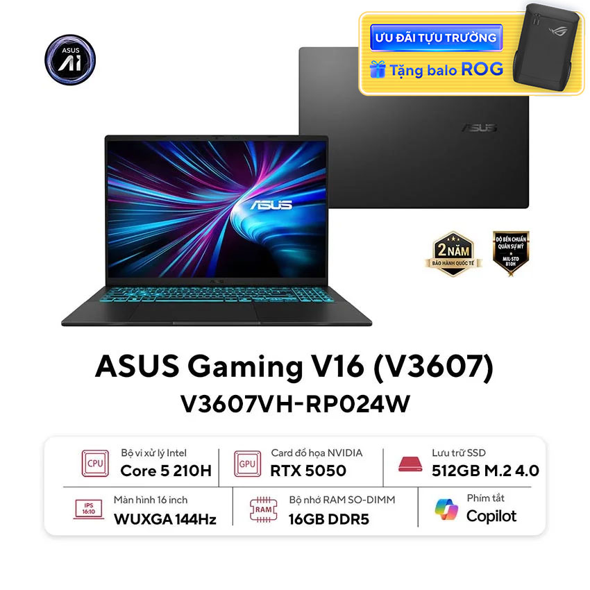 Laptop Asus Gaming V16 V3607VH-RP024W (Core 5 210H/16GB RAM/512GB SSD/16 WUXGA 144hz/RTX 5050 8GB/Win11/Đen)