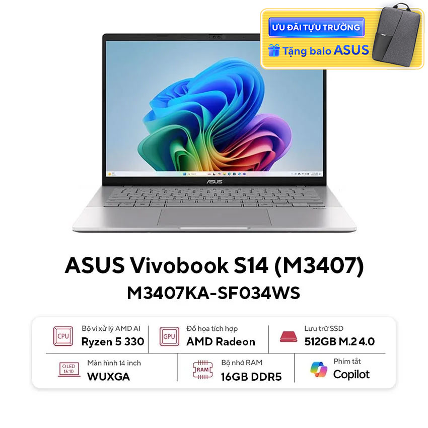 Laptop Asus VivoBook M3407KA-SF034WS (R5 AI 330/16GB RAM/512GB SSD/14 WUXGA/Win11&Office365/Bạc)