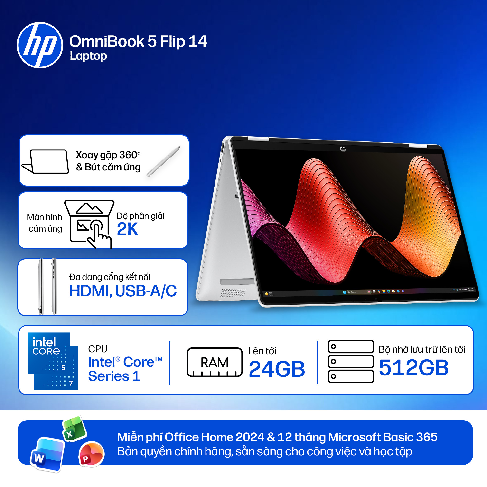 Laptop HP OmniBook 5 Flip 14-fp0055TU BZ7Q4PA (Core 7 150U/24GB RAM/512GB SSD/14 WUXGA Cảm ứng/Bút/Win11/Bạc)