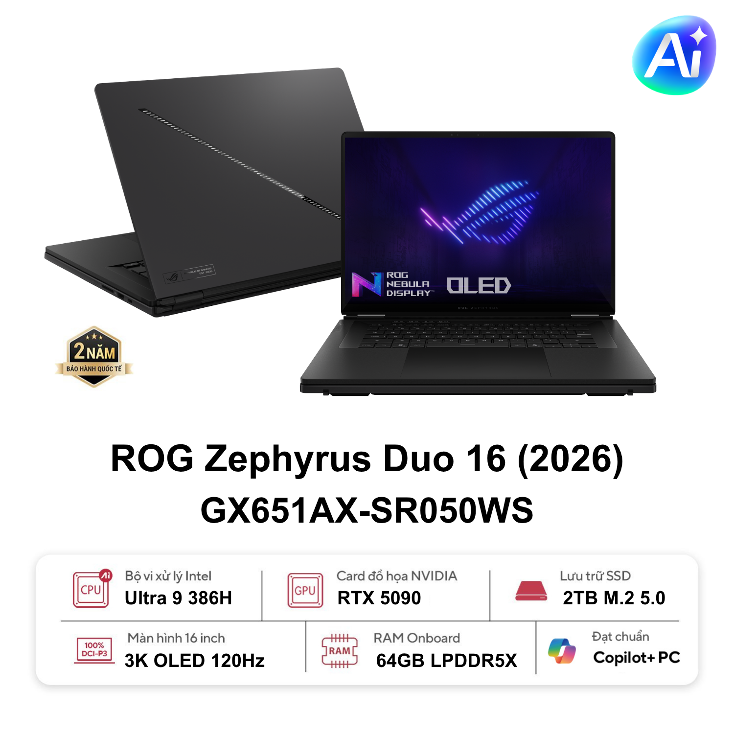 Laptop Asus Gaming ROG Zephyrus GX651AX-SR050WS (U9-386H/64GB D5X/2TB SSD/RTX5090 24GD7/16.0 3K OLED 120Hz/W11H/RGB/Balo/Bút/Xám)